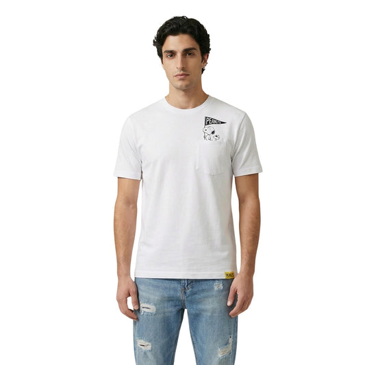 Only & Sons T-shirt bianca Peanuts con taschino; maglietta in cotone morbido, grafica Snoopy/Peanuts frontale e vestibilità versatile, ideale per outfit quotidiani in abbinamento a jeans e sneakers. Vista frontale 
