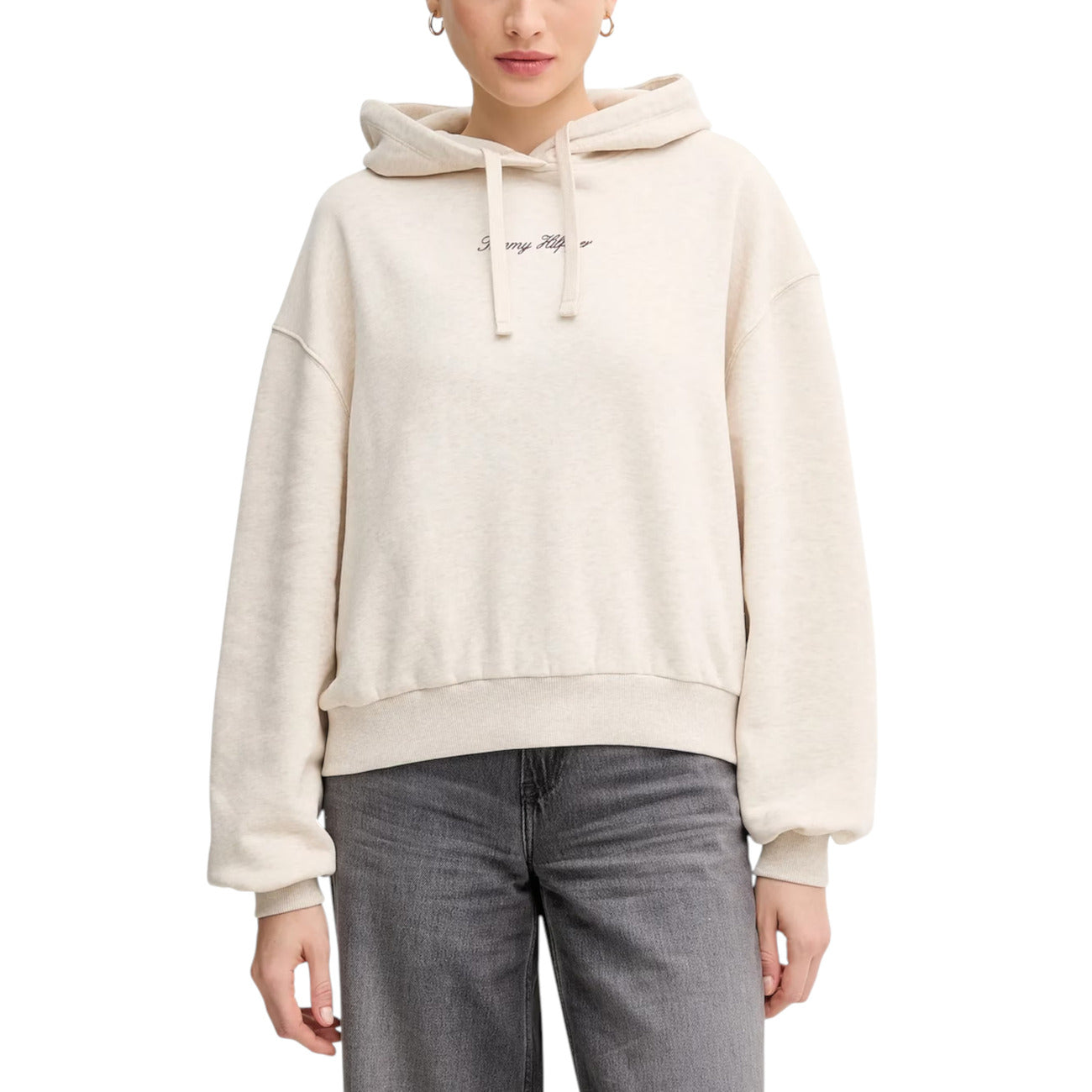 Tommy Hilfiger Women's Beige Hoodie - Organic Cotton Long Sleeve Sweatshirt