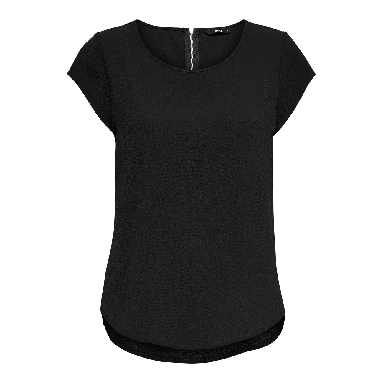 Blusa Only donna maniche corte modello 15142784. Top estivo casual regular fit con girocollo, fondo asimmetrico più lungo dietro e chiusura a zip, maglietta elegante e leggera in poliestere ed elastan per la primavera estate.
