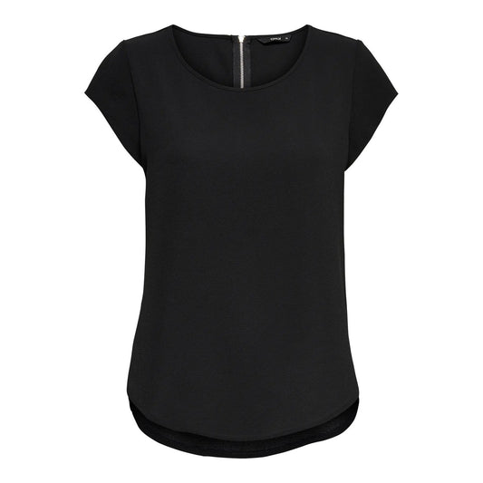 Blusa Only donna maniche corte modello 15142784. Top estivo casual regular fit con girocollo, fondo asimmetrico più lungo dietro e chiusura a zip, maglietta elegante e leggera in poliestere ed elastan per la primavera estate.