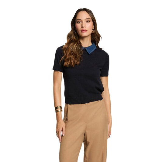 Maglione blu donna con colletto denim Morgan De Toi 252-MJANO. Pullover a maniche corte paricollo in viscosa, poliestere e poliammide.