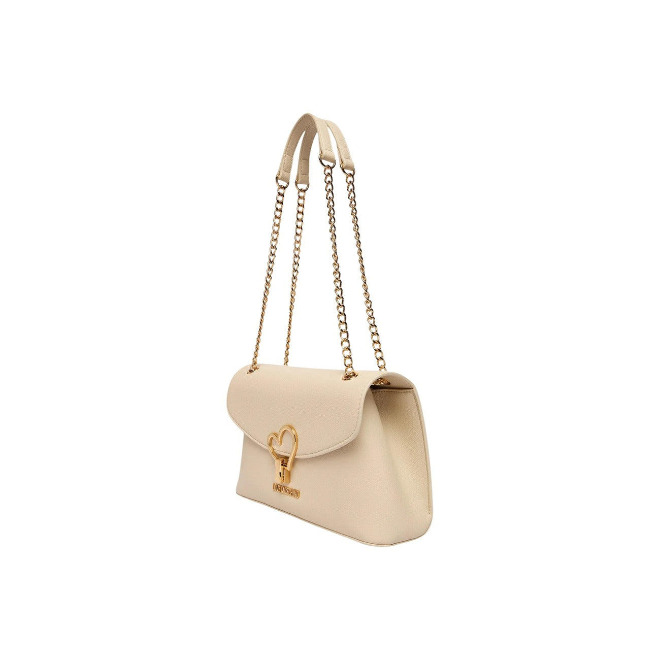 Borsa Love Moschino donna beige a spalla modello JC4138PP1. Borsetta media a tracolla color beige cipria/nude con catena oro e dettaglio cuore dorato sulla patta stile elegante, chic e da cerimonia o sera.