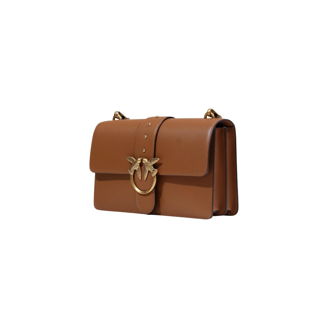 borsa a tracolla Pinko Love Bag One Classic in pelle liscia color cuoio con fibbia Love Birds dorata. Vista frontale laterale 