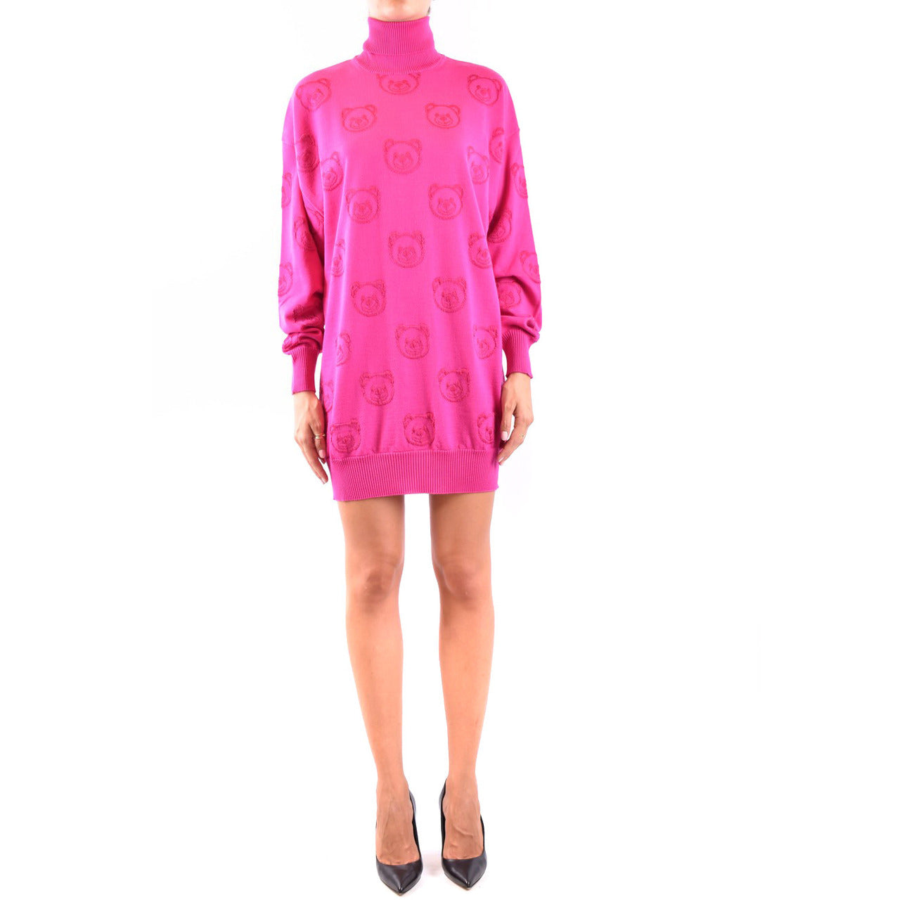 Abito corto Moschino rosa con maniche lunghe e scollo alto - vista frontale
