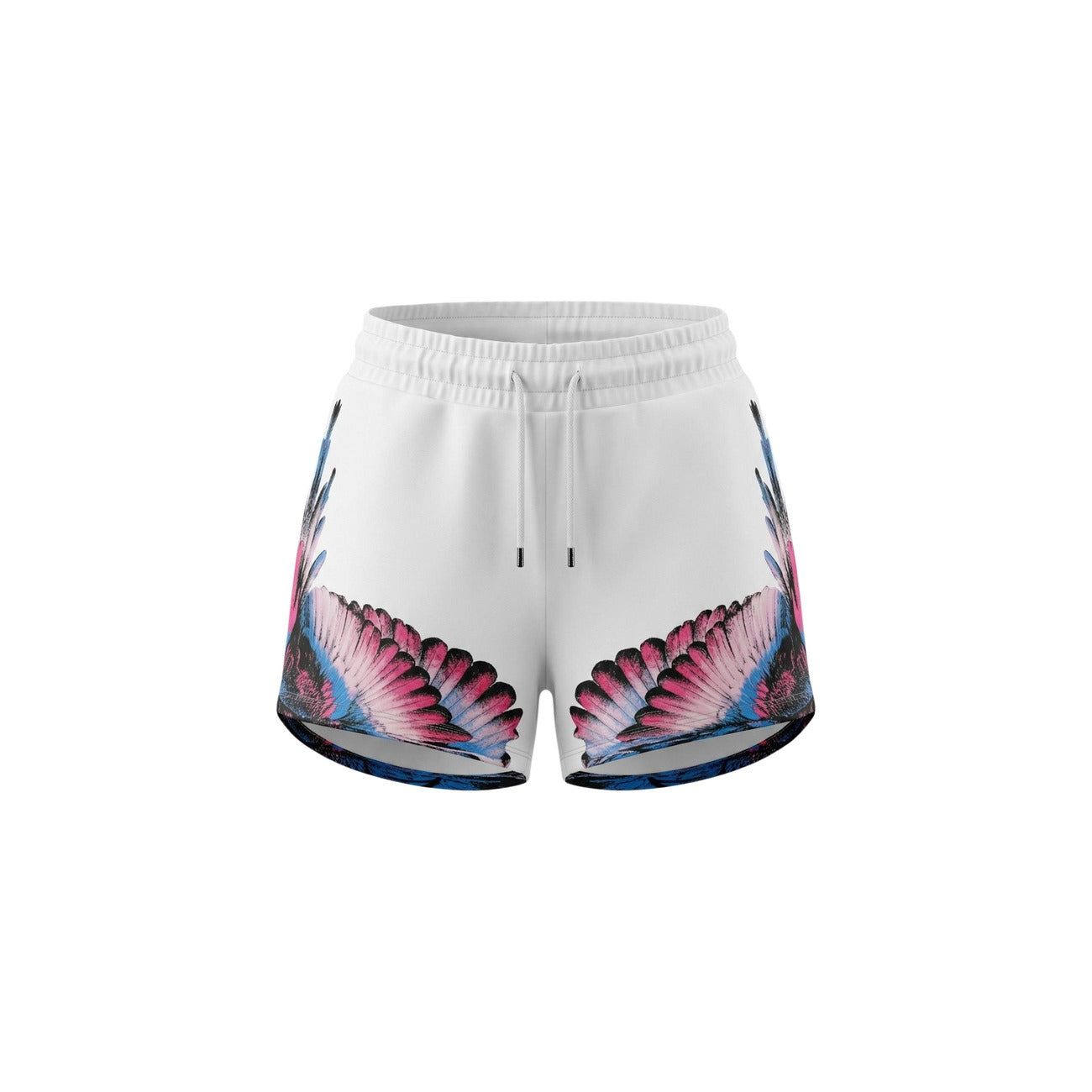 Shorts County of Milan Tie-Dye; 100% Cotone. Vita elastica con coulisse, stampa sfumata unica. Pantaloncini donna sportivi, freschi e di tendenza per la PE26. Colore bianco vista frontale Stesa