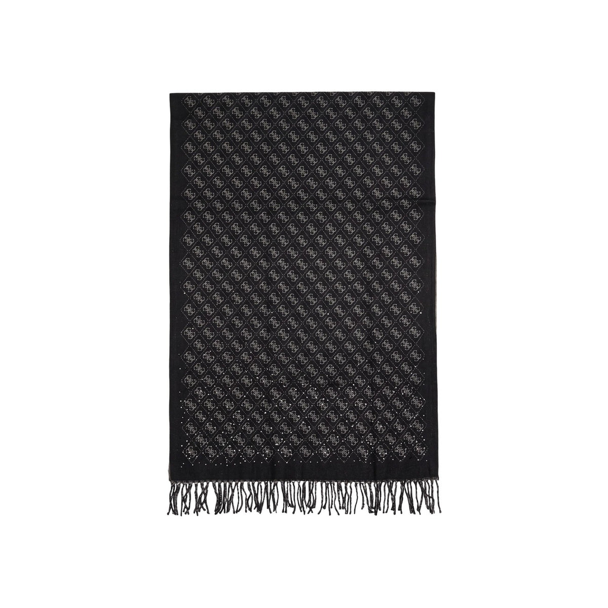 Sciarpa Guess Jewels donna AW5658 POL03. Sciarpa invernale ed elegante con logo jacquard e applicazione di strass brillanti, rifinita con morbide frange, accessorio da donna per autunno inverno. Nero 