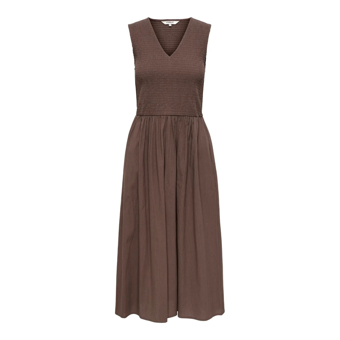 Abito Lungo Donna Marrone Only; Vestito smanicato in cotone tinta unita con scollo a V e dettaglio smock sul busto. Taglio fluido regular fit leggero, stile casual-chic per la primavera e l'estate. Vista stesa