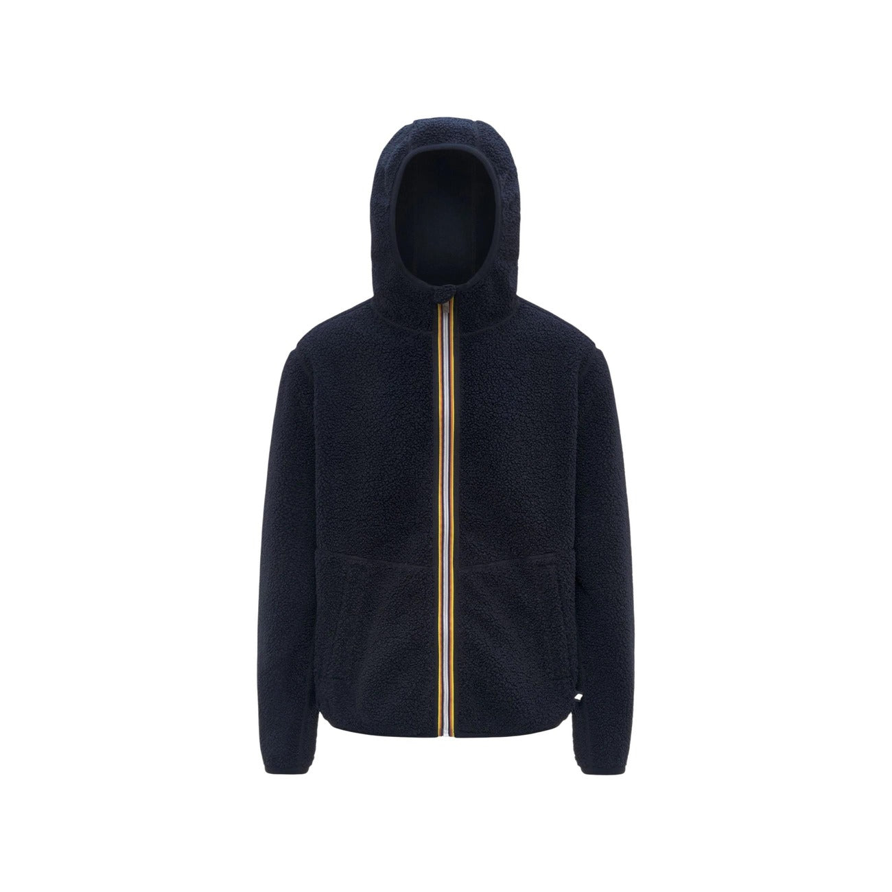 Pile reversibile K-Way Jack uomo blu K3132NW. Giacca con cappuccio e cerniera zip da uomo 2 in 1 con tessuto orsetto sherpa da un lato e pile polare liscio dall'altro, con tasche e bordo elastico, abbigliamento autunno inverno.