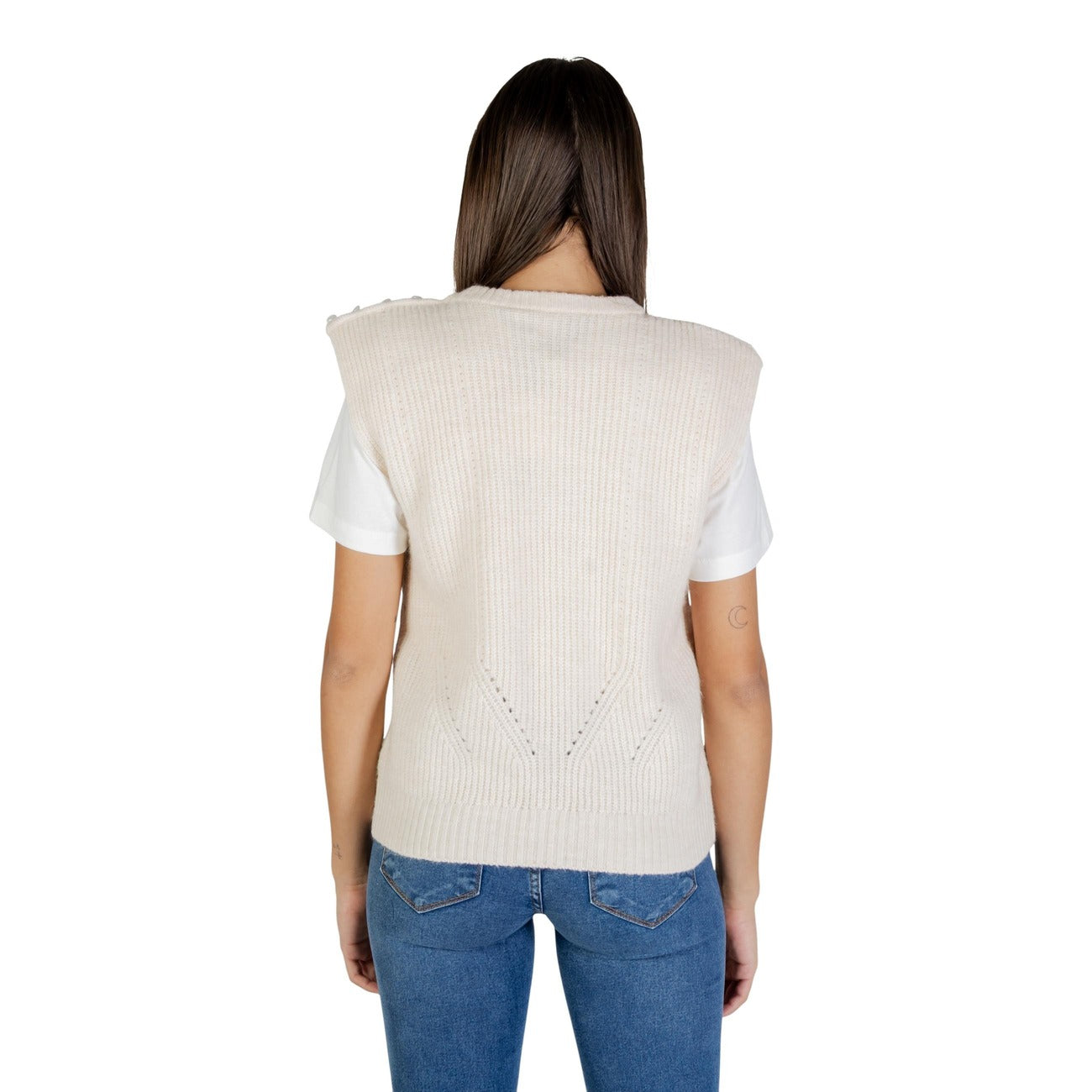 Ichi Gilet Donna Beige Smanicato - Gilet Lana Acrilico Poliestere Scollo Tondo