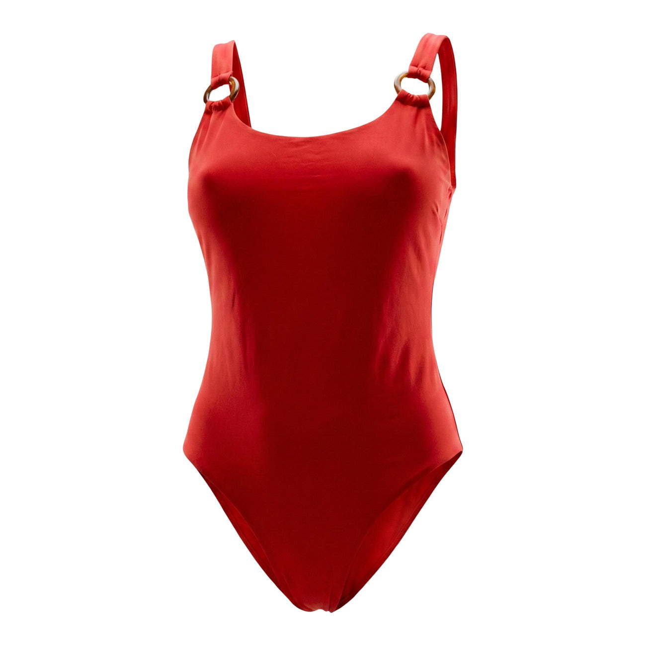 Costume Intero Tommy Hilfiger; Rosso. 80% Nylon, 20% Elastan. Dettagli tartarugati sulle spalline, scollatura profonda sulla schiena, vestibilità sgambata. Logo iconico sul fianco. Vista stesa frontale 