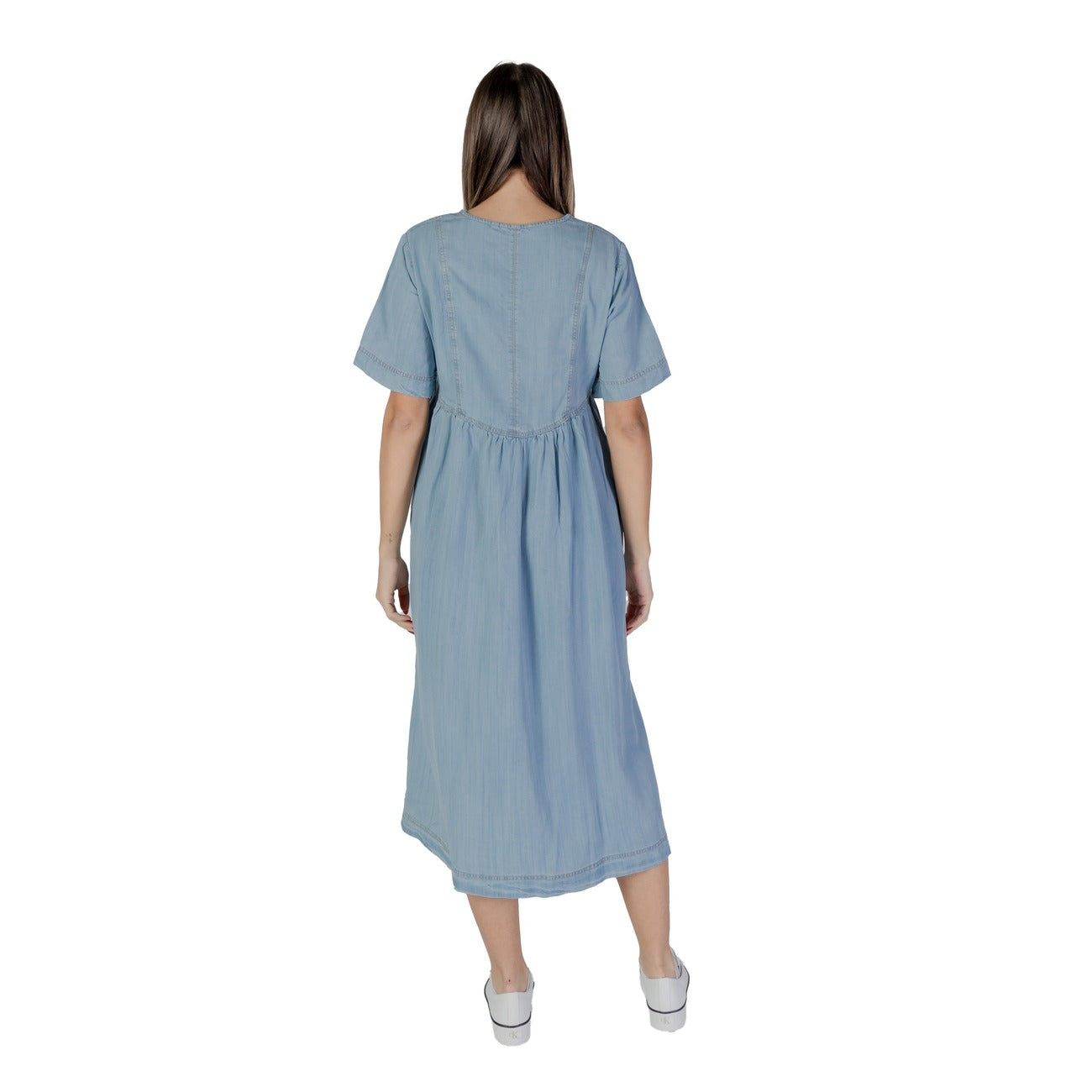 B.young Abito Midi Donna Azzurro Monocromo con Maniche Corte Scollo a V in Cotone 100% 20813123