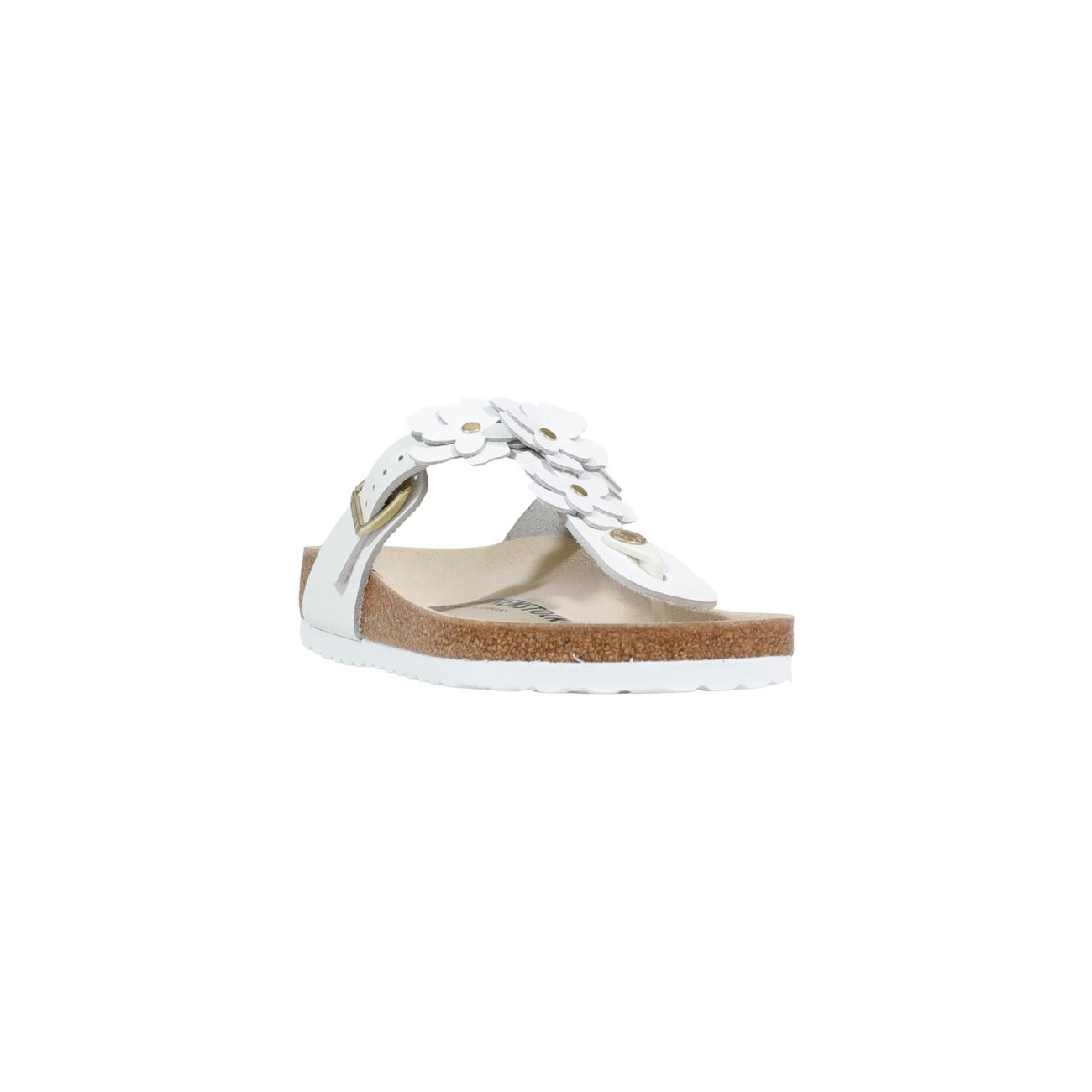 Dettaglio ciabatte Birkenstock GIZEH FLOWERS donna bianche con fibbia regolabile e plantare anatomico in sughero