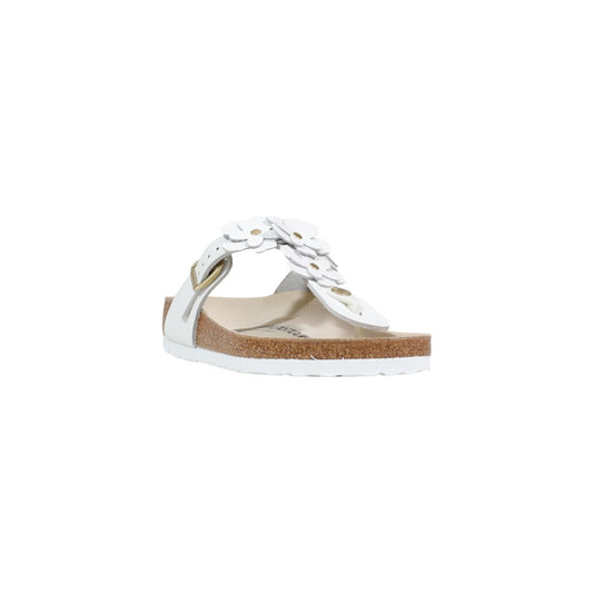 Dettaglio ciabatte Birkenstock GIZEH FLOWERS donna bianche con fibbia regolabile e plantare anatomico in sughero
