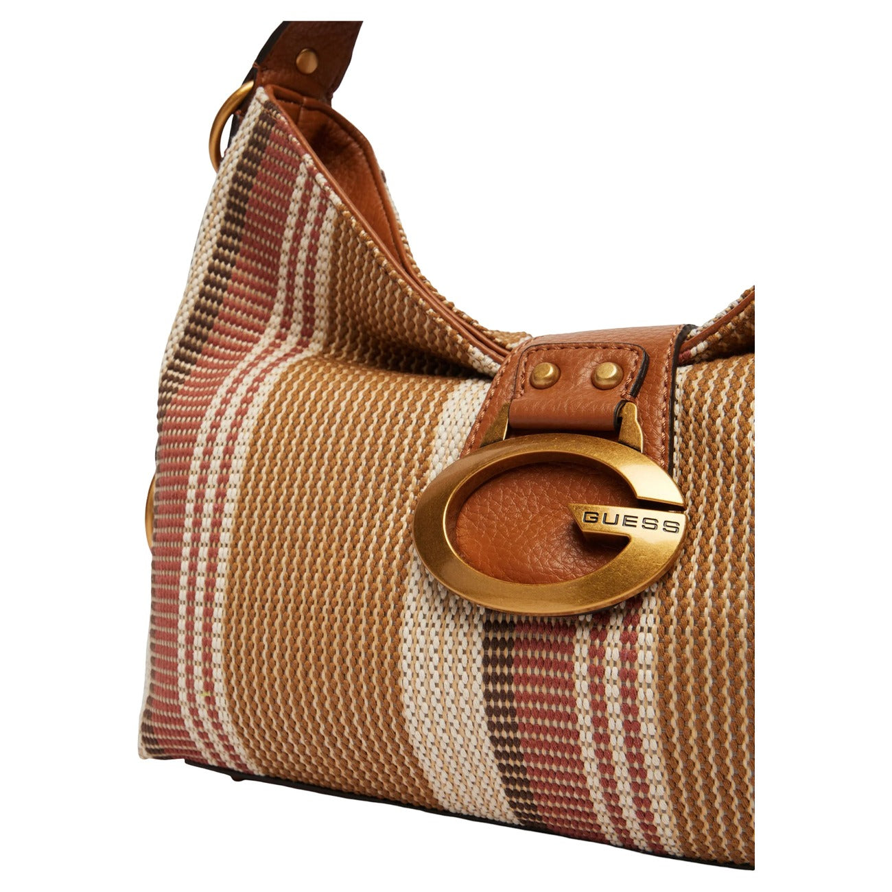 Borsa a Spalla Donna Guess Camden; Beige. Tessuto sintetico e cotone a righe con dettagli in similpelle e metalleria bronzo logata. Chiusura con zip e manico removibile (24 cm). Misure medie e capienti (36x26 cm). Dettagli 