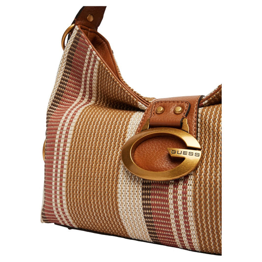 Borsa a Spalla Donna Guess Camden; Beige. Tessuto sintetico e cotone a righe con dettagli in similpelle e metalleria bronzo logata. Chiusura con zip e manico removibile (24 cm). Misure medie e capienti (36x26 cm). Dettagli 