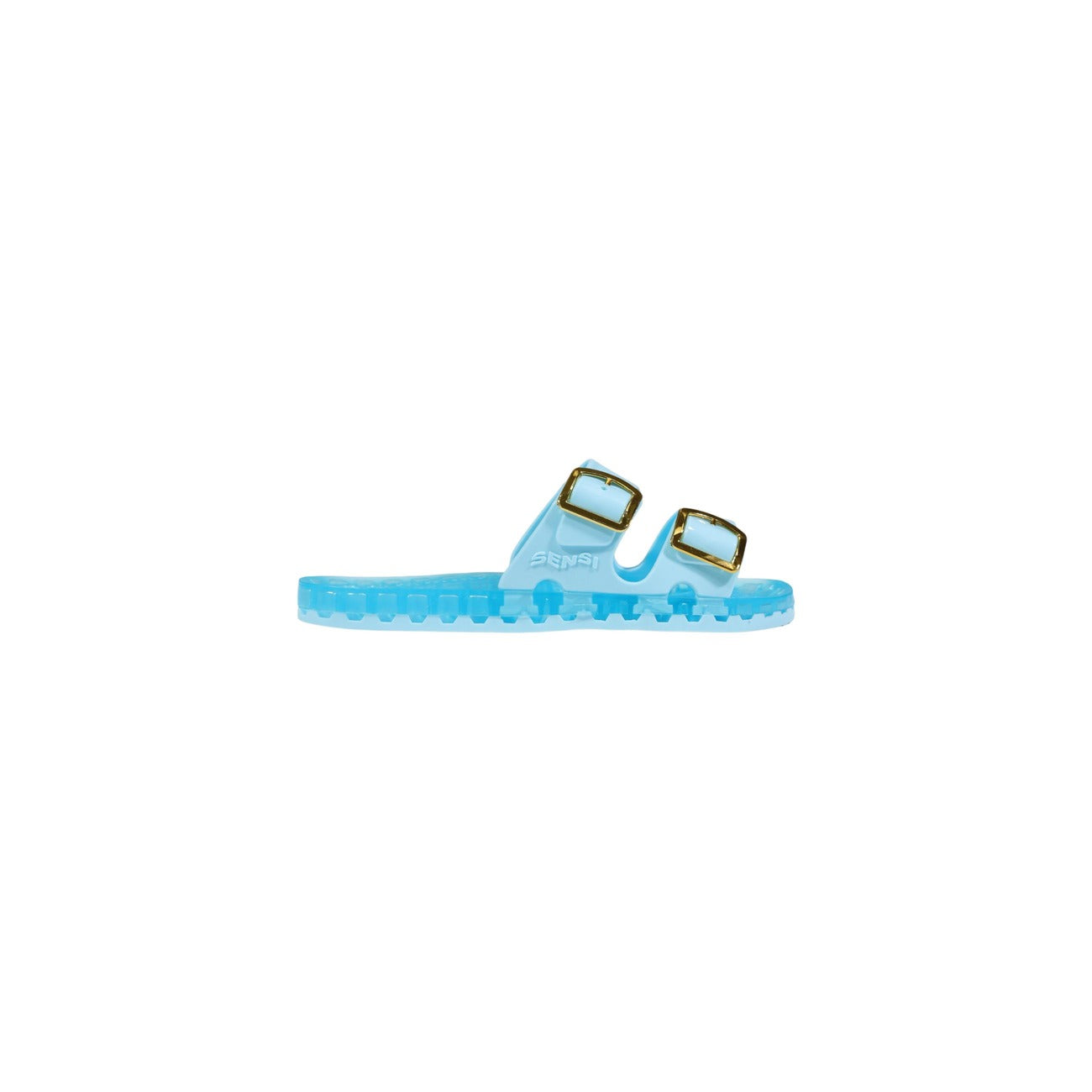 Slide Sensi La Jolla Urban Nere; 100% PVC. Doppia fascia regolabile, suola ergonomica traforata anti-ristagno, altezza 2 cm. Leggere, ultra-resistenti e lavabili. Design Made in Italy. Azzurro
