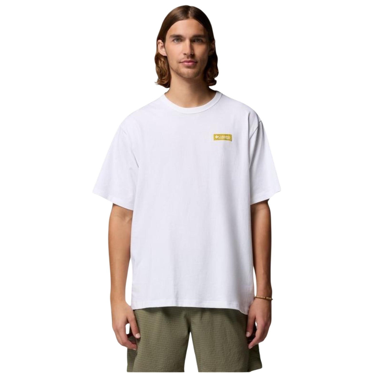 Columbia CSC™ Heavyweight T-shirt bianca, maglia uomo in cotone robusto; stile classico con stampa logo, tessuto ad alto spessore per un comfort prolungato e massima durata. Vista frontale 