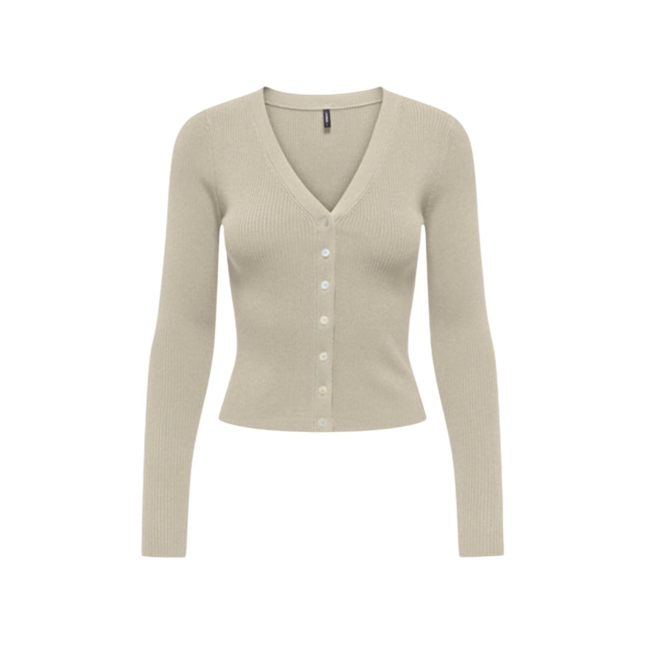 Cardigan beige aderente Only Onlmist a costine con scollo a V e bottoni, realizzato in misto viscosa e nylon dalla mano morbida.