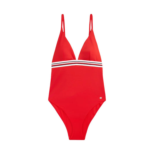 Costume Intero Tommy Hilfiger; Rosso. Coppe a triangolo, scollo a V, dettaglio cut out sul retro. Fascia logata sottoseno, spalline regolabili, vestibilità stretch modellante. Intera stesa