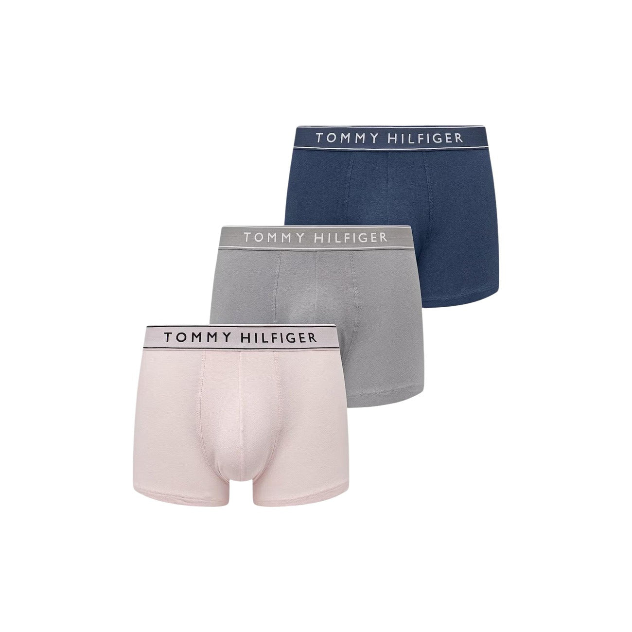 Pack 3 Boxer Tommy Hilfiger; Multicolor. Cotone stretch (95% cotone, 5% elastan). Elastico logato, vestibilità aderente, stile iconico e comfort quotidiano. Blu grigio e bianco 