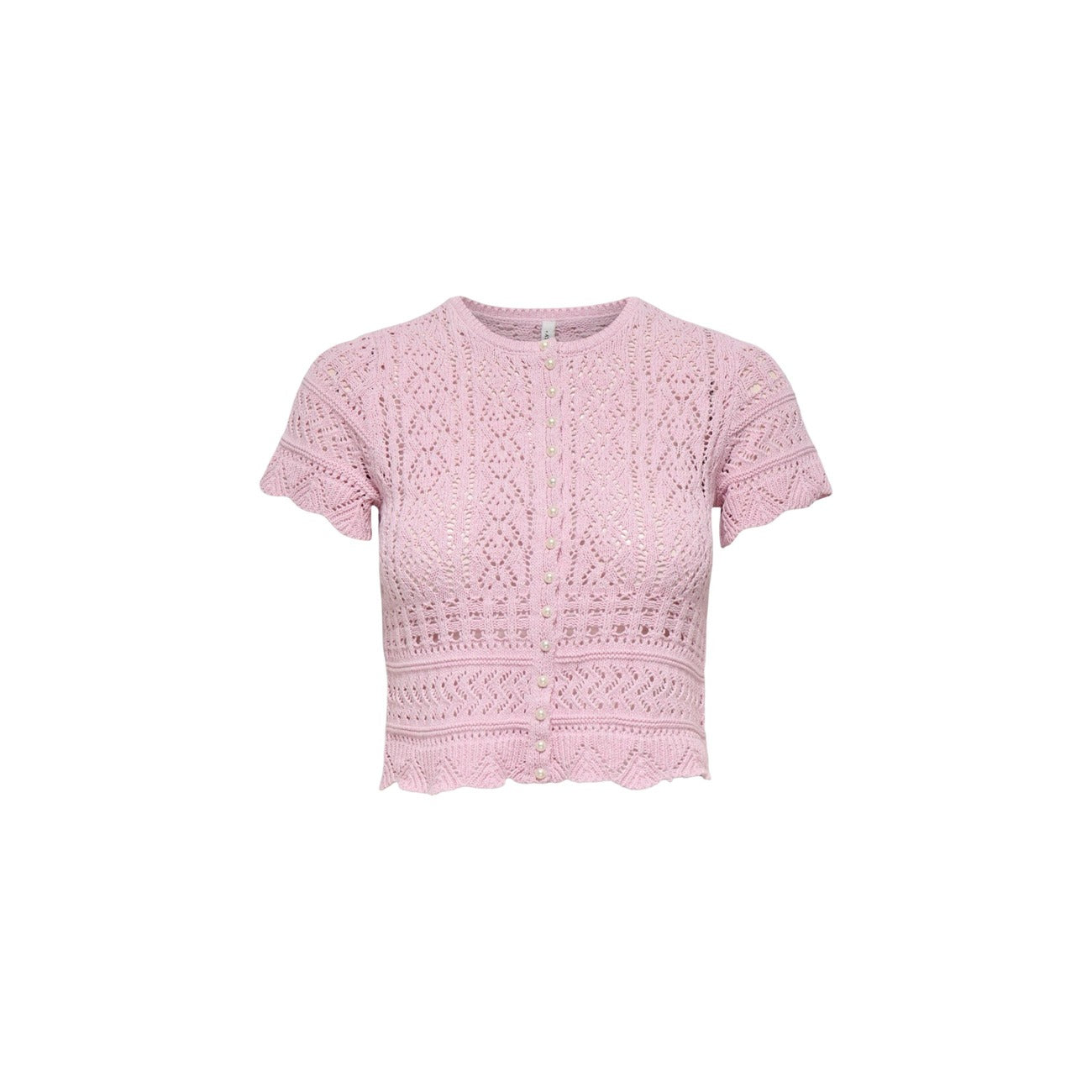 Only Onlelke Pearl Cardigan; cotone e poliestere riciclati, lavorazione a traforo, bottoni perla. La maglia raffinata e sostenibile per un look bon-ton contemporaneo. Colore rosa. Vista frontale 