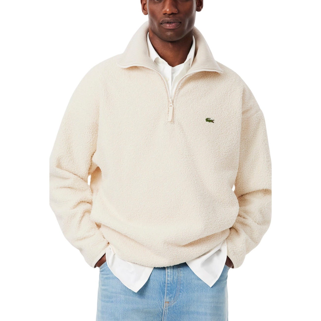 Lacoste Felpa in pile Uomo Bianca con Cerniera - Felpa Manica Lunga Scollo Alto Poliestere