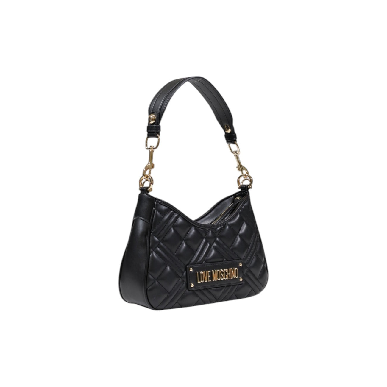 Borsa Love Moschino donna nera a spalla modello JC4152PP1M. Borsetta piccola trapuntata in ecopelle nera con manico a catena corta oro e placca logo stile casual chic, elegante e da sera.