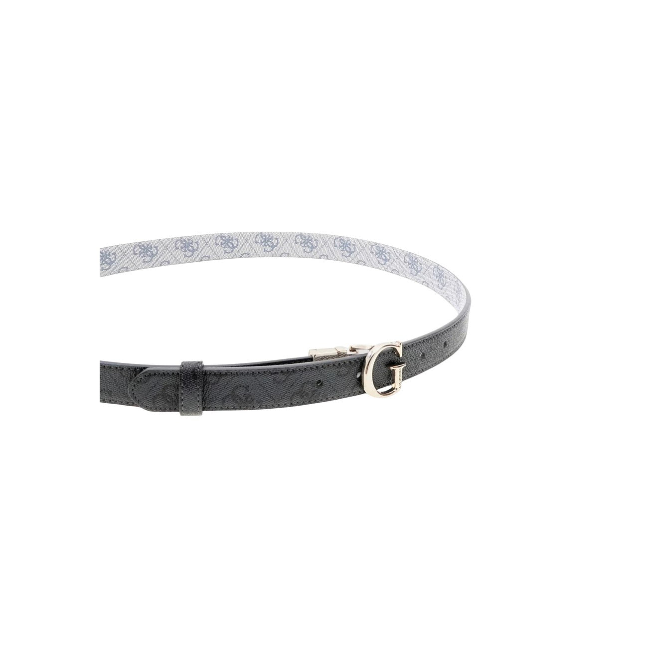 Cintura Donna Nera Guess Lindsey Reversibile; Altezza 3 cm in poliestere strutturato con finitura monogram e tinta unita. Fibbia con logo G in metallo lucido e doppio passante, stile casual-elegante 4 stagioni.