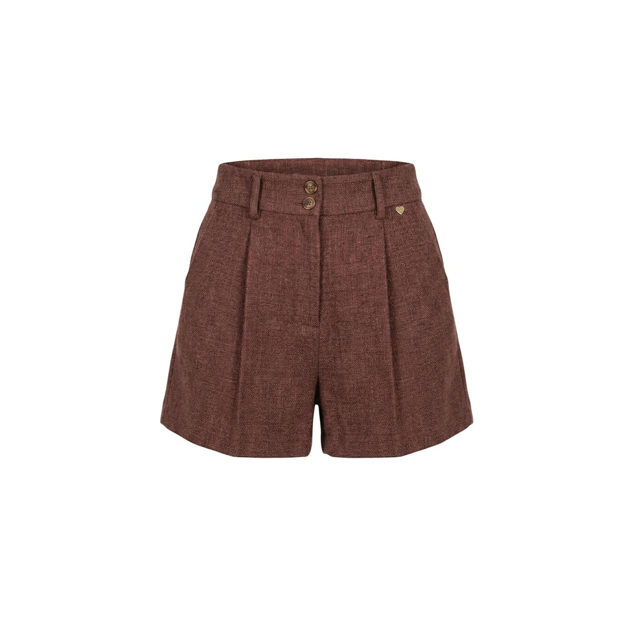 Artigli Shorts marrone Sartoriali; pantaloncini eleganti con pieghe e tasche. Vestibilità confortevole, stile moderno e tessuto resistente antipiega. Vista frontale Stesa