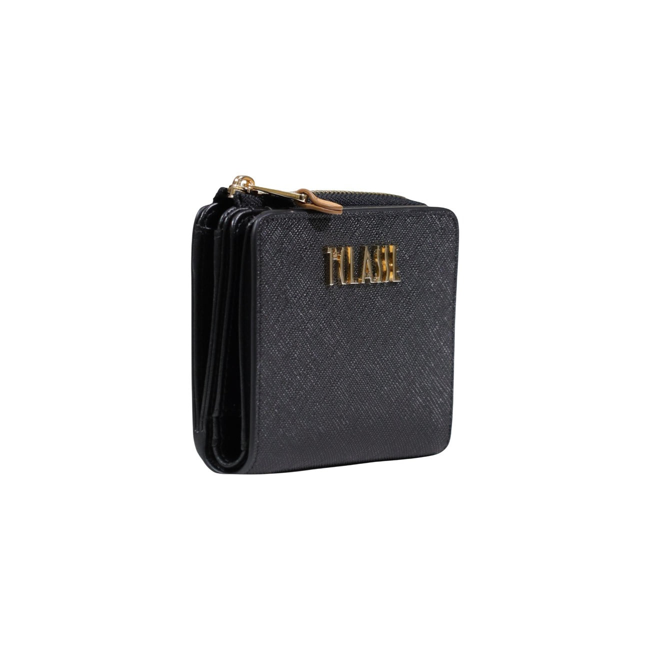 Portafoglio nero zip-around Alviero Martini Prima Classe, stampa Geo Classic e logo dorato in metallo; accessorio donna medio in misto PVC e cotone, elegante e funzionale. Vista frontale Laterale