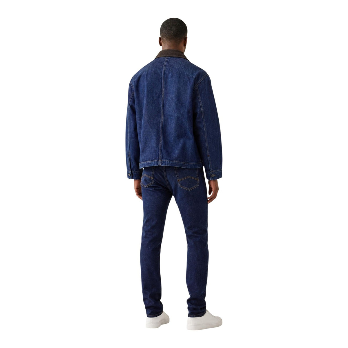 Giacca denim Only & Sons Onskaizen Rinse 22039417 blu uomo. Giambotto in tessuto jeans con colletto a contrasto in velluto a costine, abbottonatura frontale e tasconi applicati, abbigliamento uomo mezza stagione.