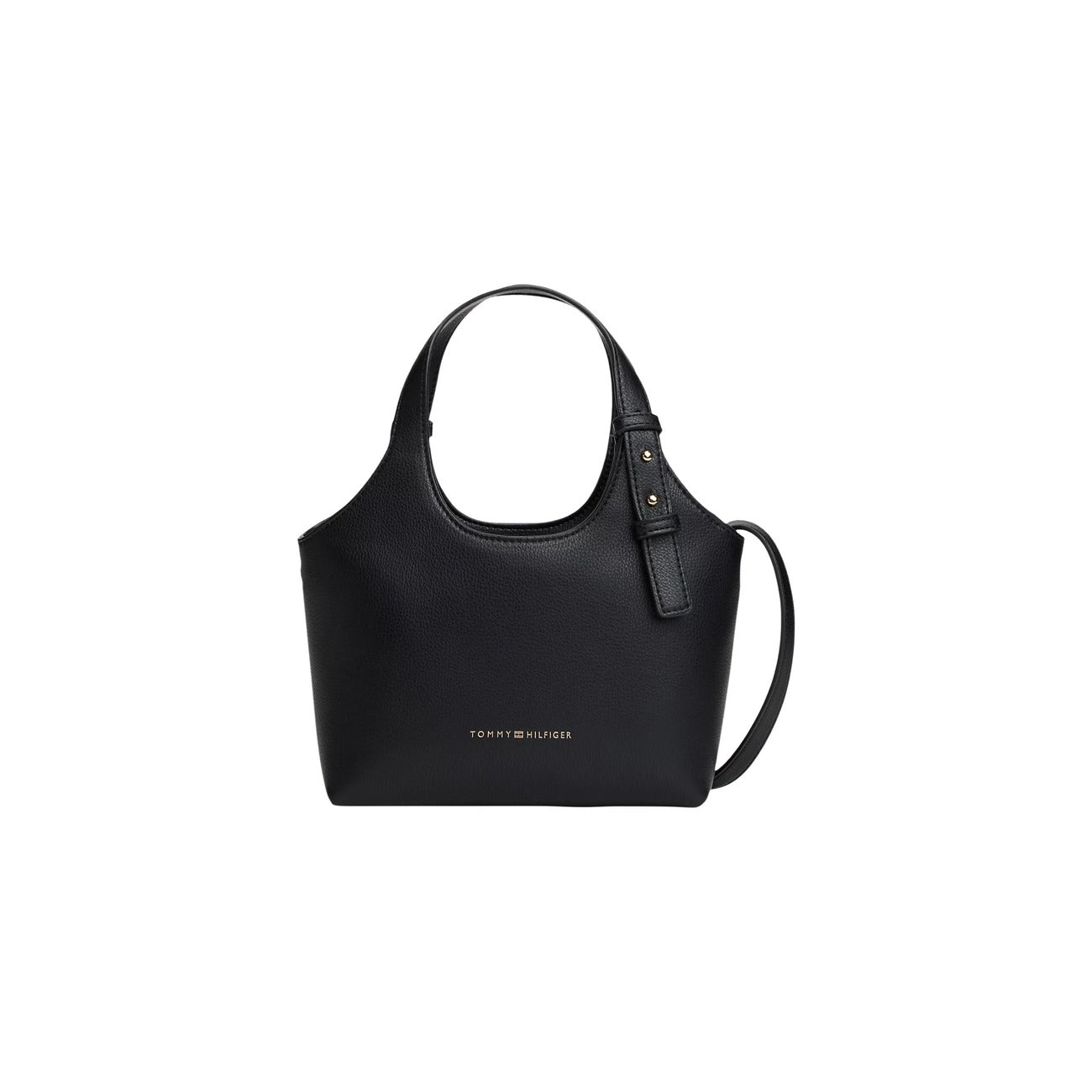 Borsa Tote Tommy Hilfiger; Finitura zigrinata, logo metallizzato impresso, chiusura con zip. Doppia portabilità (manici e tracolla rimovibile). Capienza 3,5 l. Design elegante e funzionale. Colore nero vista frontale 