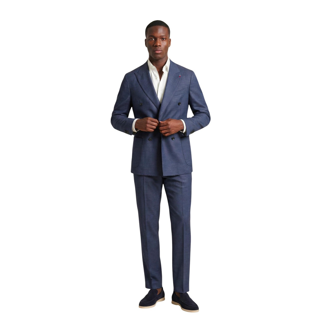 Abito Doppiopetto Mulish Blu; Modello Giorgione. Giacca 4 bottoni, revers a lancia, pantalone dritto. Tessuto comfort-stretch, vestibilità moderna. Ideale per cerimonie e business. Codice: ABS707. Vista frontale 