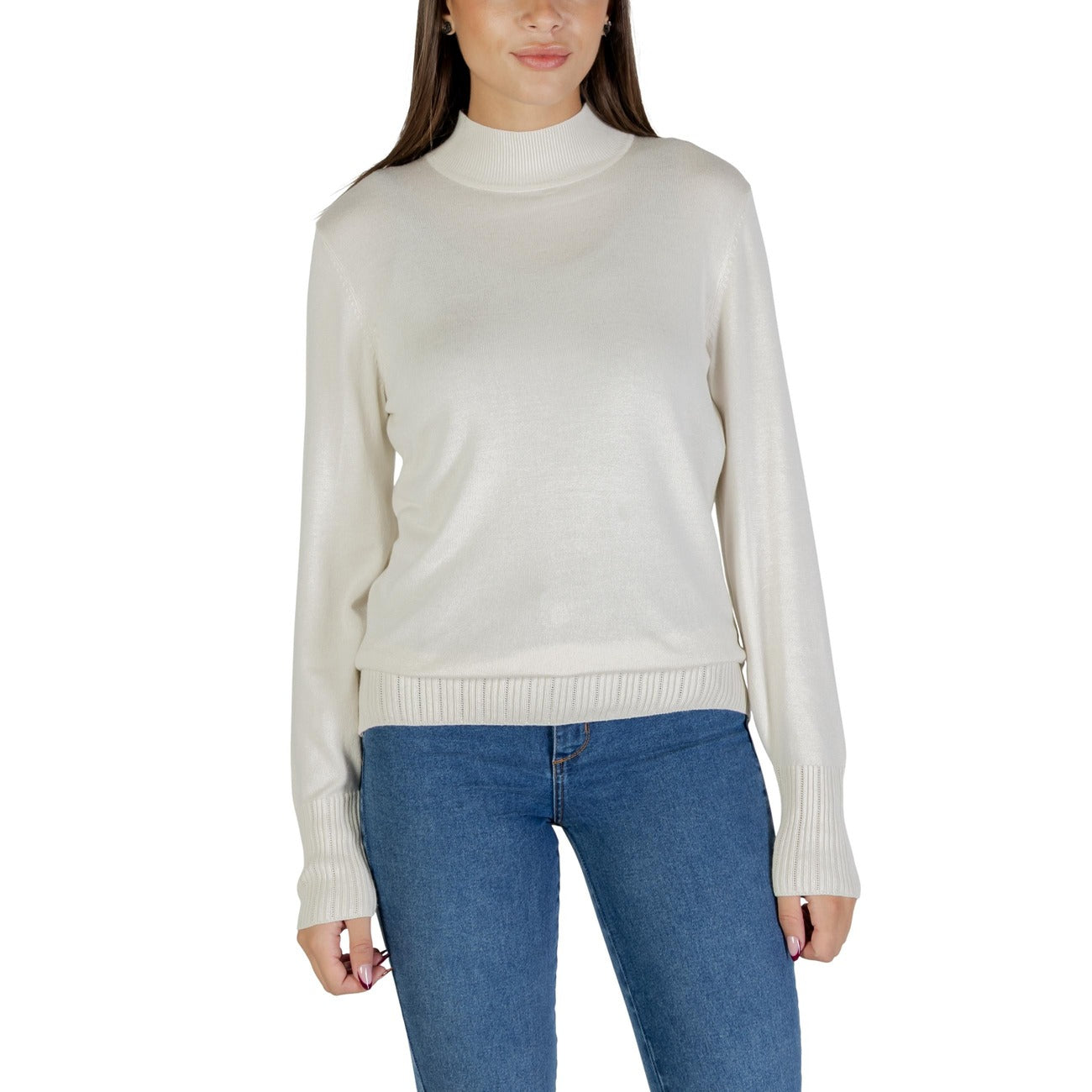 Ichi Maglioncino Donna Bianco Maniche Lunghe - Maglia Viscosa Nylon Scollo Alto
