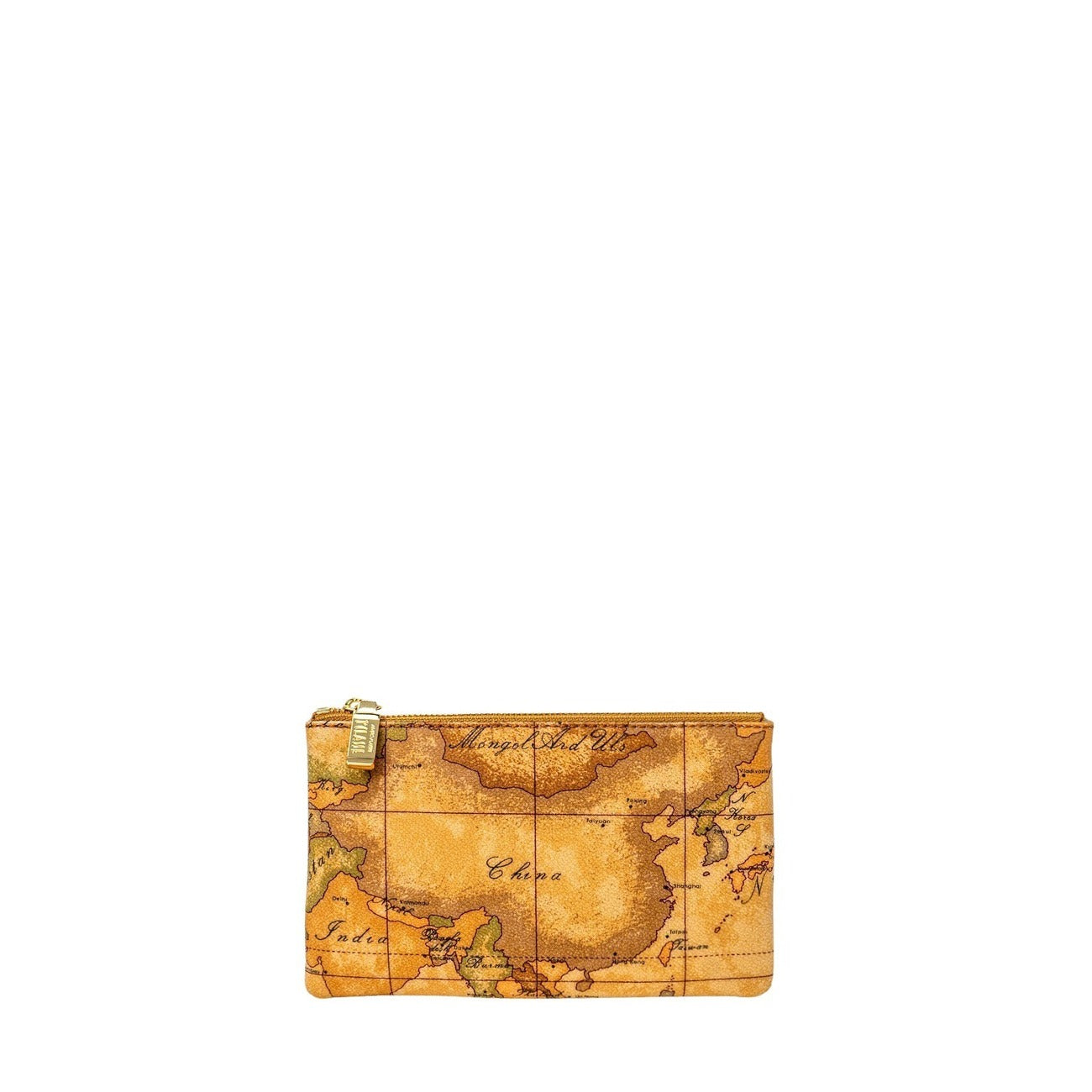 Bustina Alviero Martini 1ᴬ Classe Geo Classic; Tessuto stampato e pelle di vacchetta. Chiusura con zip, metalleria dorata. Misure 19,5x12,5 cm. Accessorio piatto multiuso, stile iconico. Vista frontale 