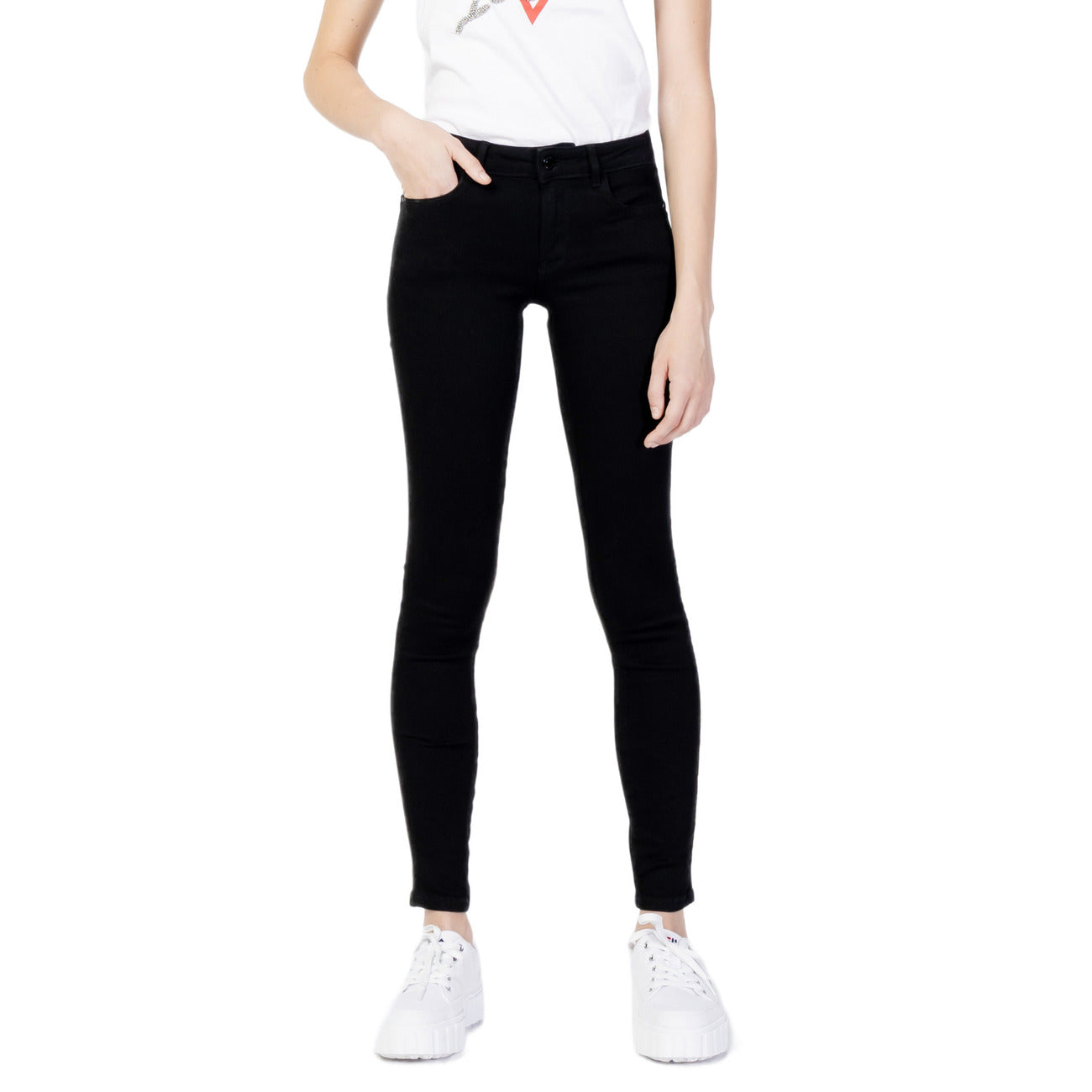 Guess Jeans Donna Neri Zip Bottone Tasche Anteriori Posteriori Cotone 92% Elastan 2% Elastomultiestere 6% Autunno Inverno W2YAJ2D4PZ1