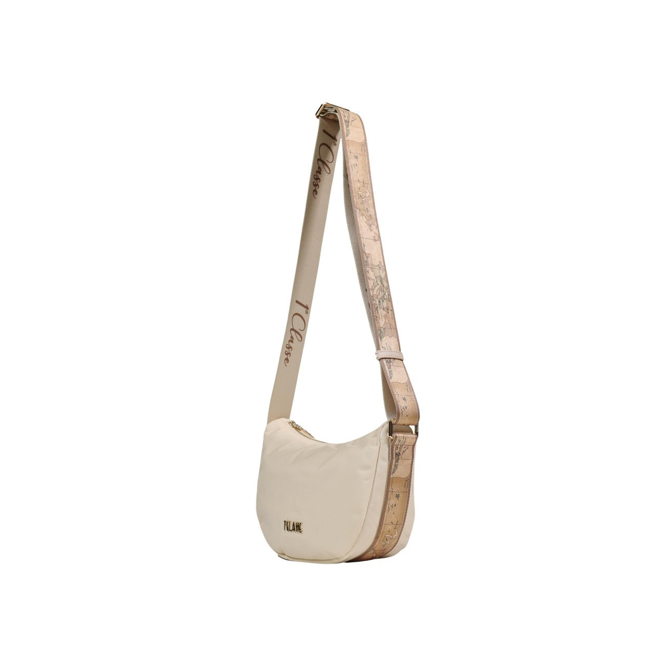 Borsa a spalla Alviero Martini Prima Classe; compatta, tracolla regolabile, logo frontale, chiusura zip. Eleganza funzionale in mix di materiali resistenti. Vista laterale 