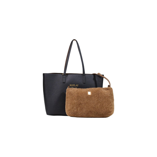 Borsa shopper Replay nera grande FW01CA.000.A7243Y. Borsa tote da donna nera effetto pelle con logo contrasto e pochette interna rimovibile in ecopelliccia, doppi manici e chiusura zip, borsa capiente da lavoro e viaggi 4 stagioni.
