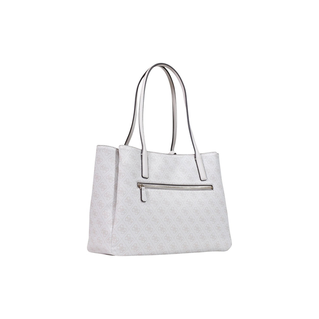 Borsa Shopper Grande Donna Bianca Guess Anadela; Struttura 100% poliuretano con motivo logo all-over e chiusura a zip. Triplo scomparto interno, manici lunghi a spalla e charm coordinato, stile elegante 4 stagioni. Posteriore laterale 