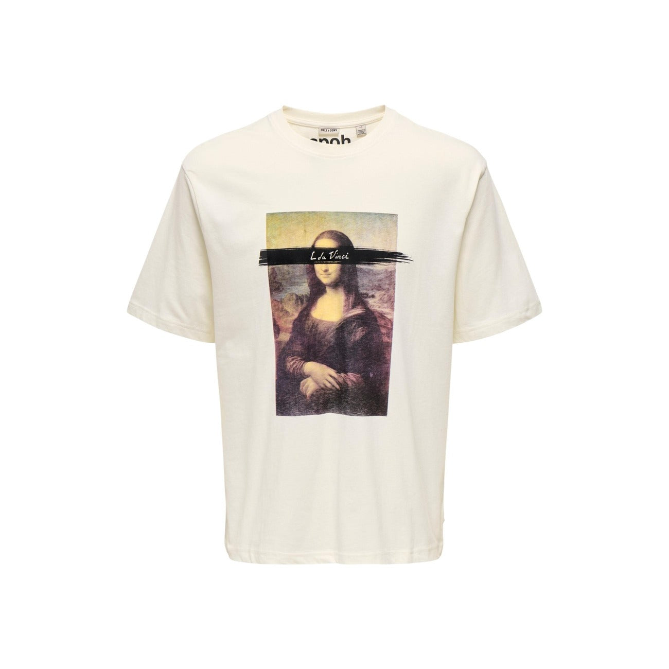 Only & Sons T-shirt bianca ONSMONALISA; maglietta grafica relaxed fit in jersey di cotone elasticizzato, stile casual ironico e massimo comfort per l'uso giornaliero. Vista stesa 