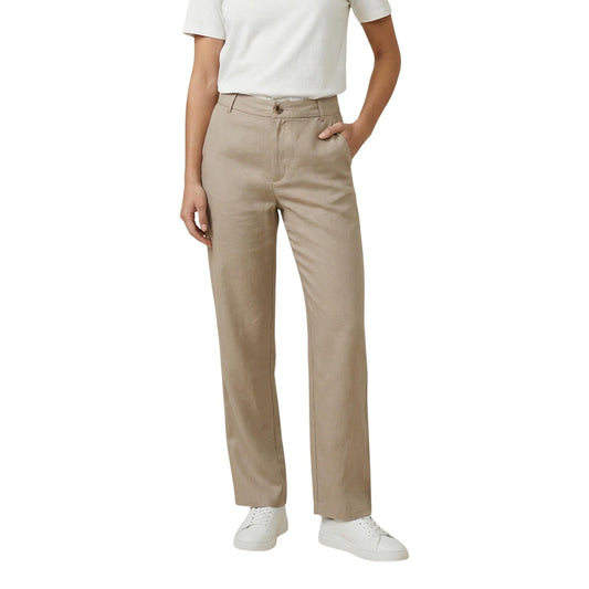 Pantaloni Straight Only Onlaris; Beige. 93% Viscosa Sostenibile, 7% Poliestere Riciclato. Vita media, vestibilità regular, tessuto fluido e traspirante. Stile eco-friendly raffinato. Frontale 