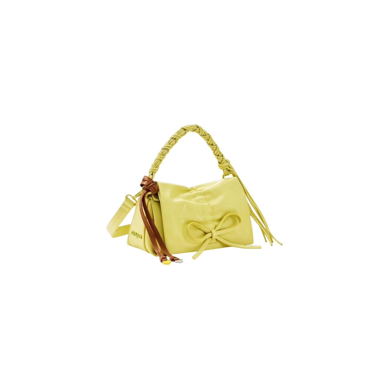 borsa a mano Desigual in pelle sintetica verde chiaro con fiocco brillante. Presenta manici intercambiabili, una finitura lucida e una chiusura con cerniera e patta