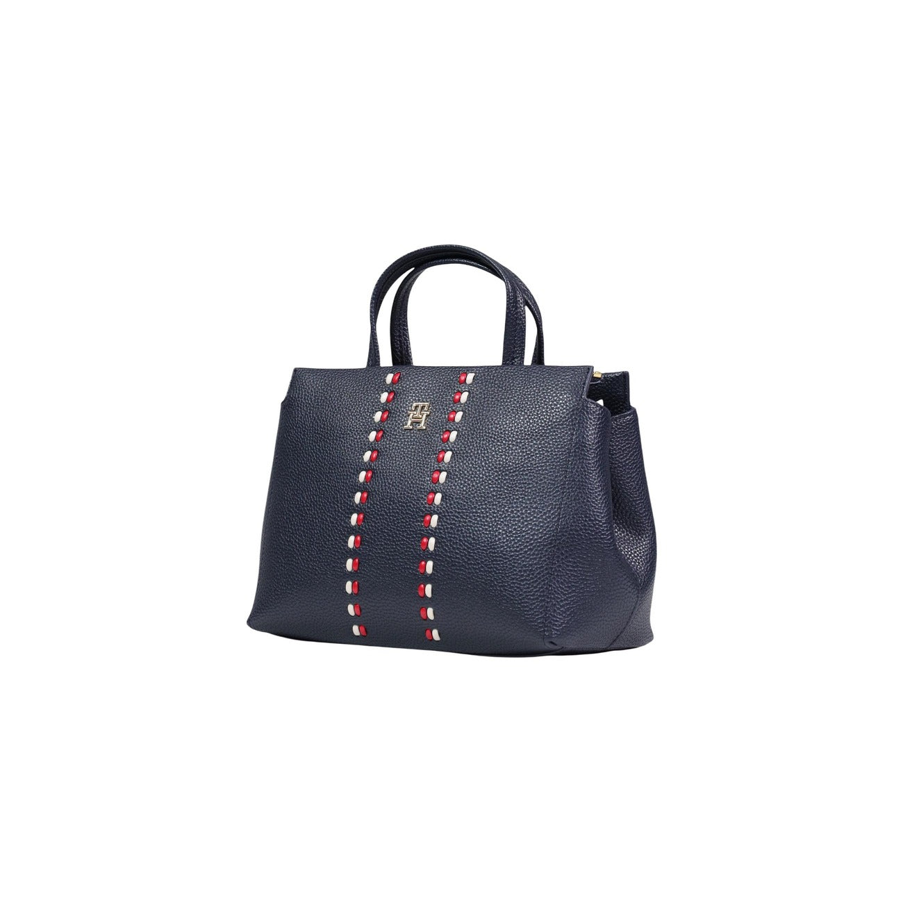 Borsa Tommy Hilfiger Satchel; 100% Poliuretano zigrinato. Nastro iconico, chiusura magnetica, tasca esterna zip e tracolla estraibile. Capienza 7 litri, design strutturato. Vista frontale laterale 