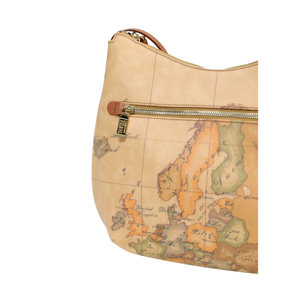Borsa Tracolla Geo Classic Alviero Martini; Beige. Tessuto premium e dettagli in pelle, forma arrotondata morbida, tasca esterna con zip. Dimensioni medie, stile casual-raffinato ideale per tutti i giorni. Dettaglio stampa 