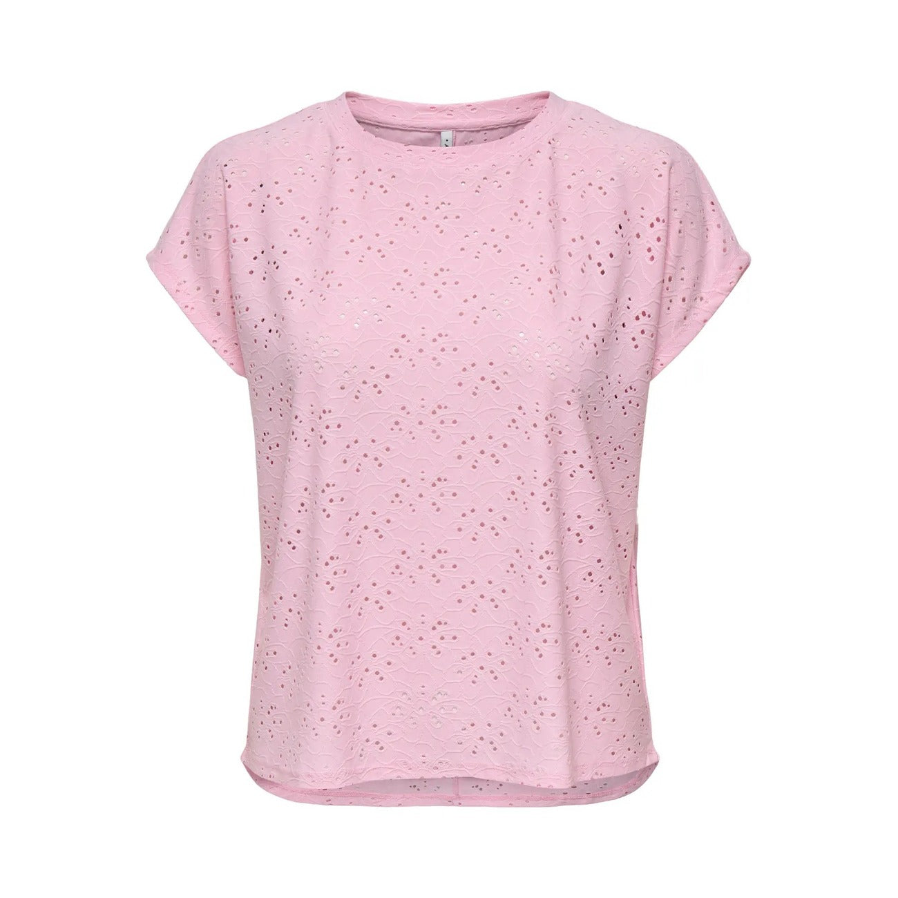 T-shirt Only donna rosa modello 15231005. Maglietta a maniche corte regular fit con scollo tondo, dettagli di pizzo e risvolto sulle maniche, top estivo casual e romantico della collezione primavera estate.