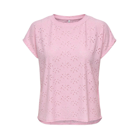 T-shirt Only donna rosa modello 15231005. Maglietta a maniche corte regular fit con scollo tondo, dettagli di pizzo e risvolto sulle maniche, top estivo casual e romantico della collezione primavera estate.