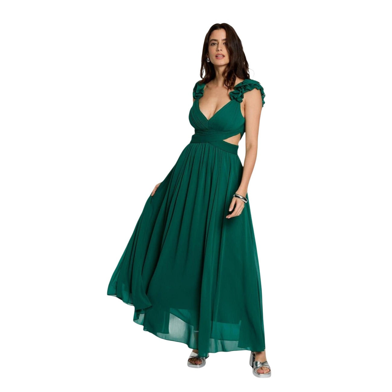 Morgan Rissal Dress verde; abito rosso con scollo a V e fiori applicati. 100% poliestere, fodera interna, perfetto per eventi glamour e serate di gala. Vista frontale figura intera 