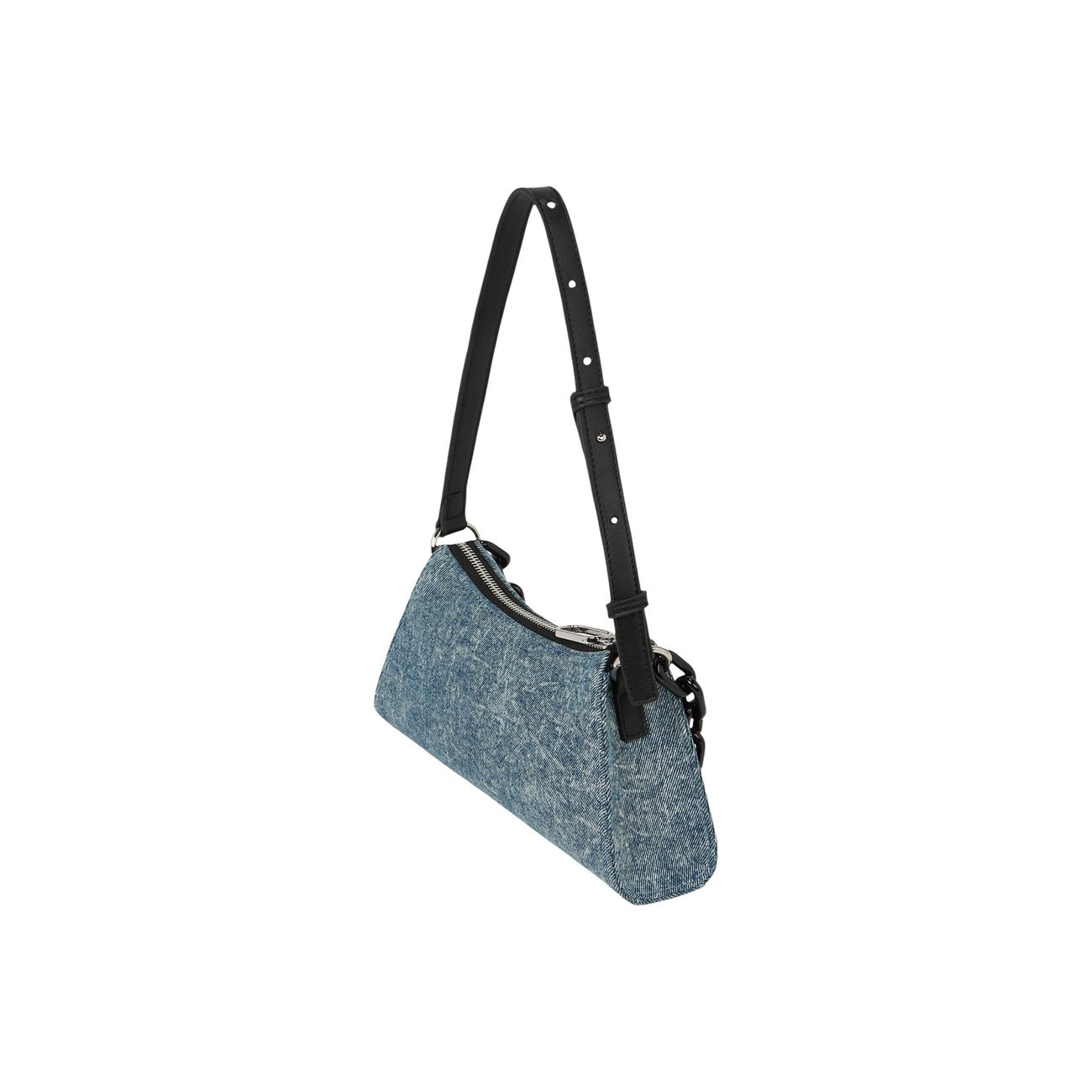 Borsa Denim Geometrica; 38% Cotone, 50% Poliestere. Dettagli catena, chiusura zip, logo K metallo. Borsa spalla donna effetto lavato, compatta e grintosa per la PE26. Vista posteriore 