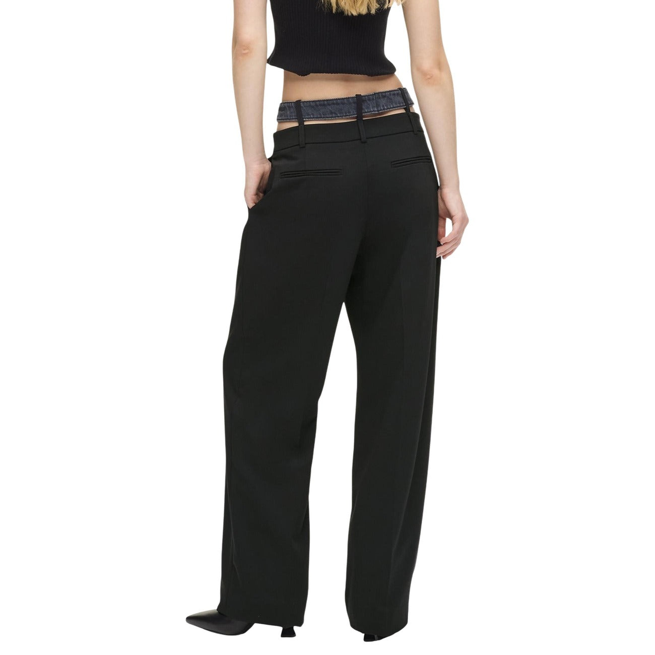 Pantaloni donna Karl Lagerfeld Jeans KLJ MIXED MATERIAL PANT neri a palazzo in viscosa primavera estate - vista posteriore
