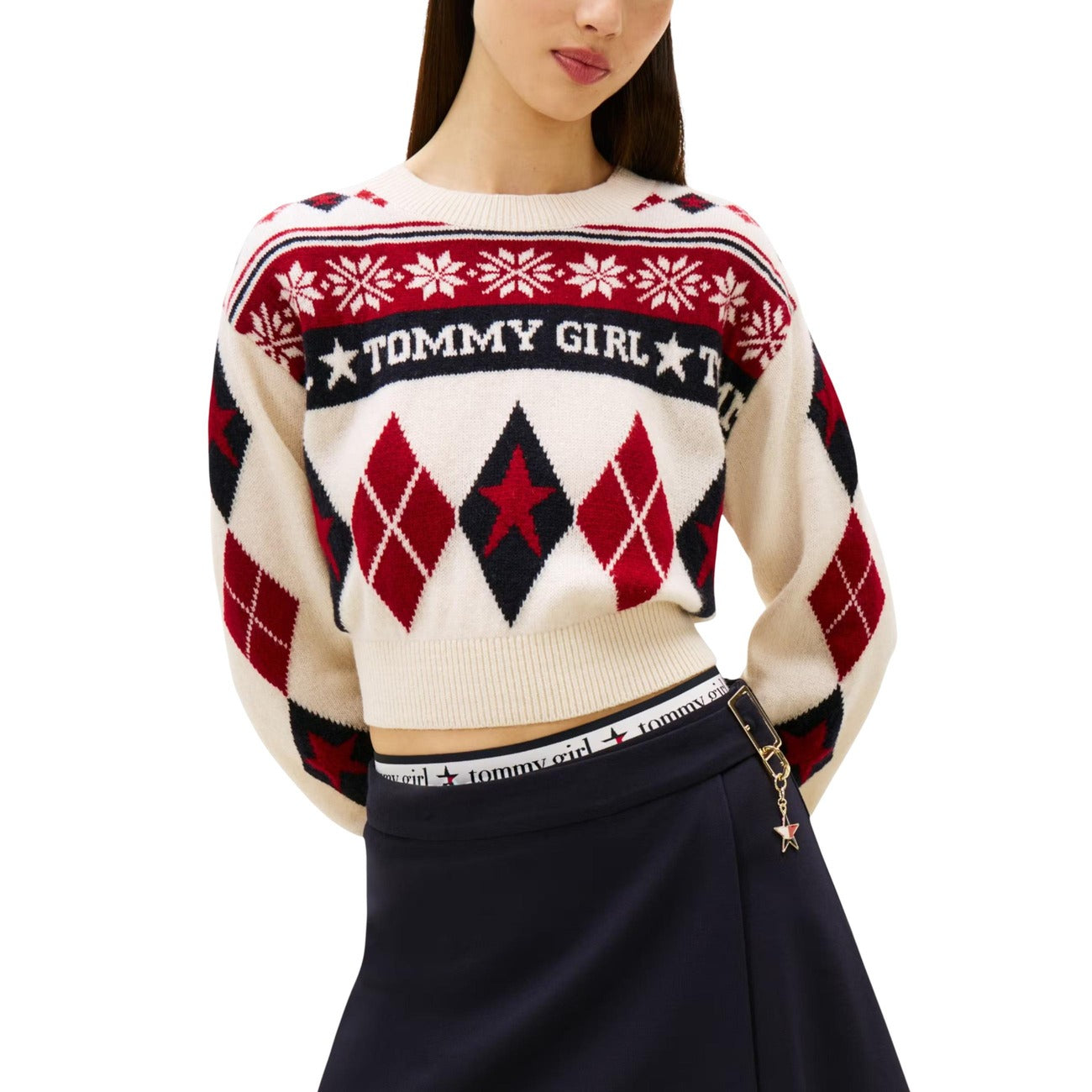 Pullover Tommy Girl; 100% lana. Motivo Fair Isle, logo a intarsio, fit squadrato e spalle scese. Maglia girocollo in lana calda dallo stile vintage-contemporaneo. Vista frontale 